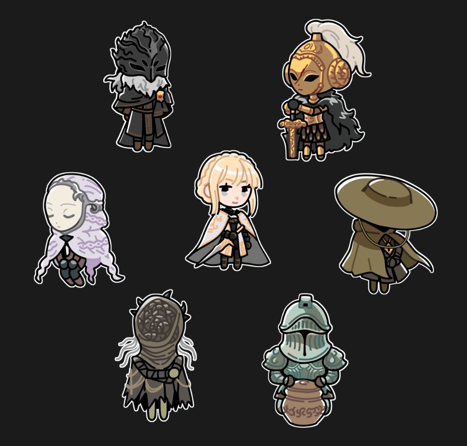 2girls 5boys armor arms_behind_back black_background black_cape black_coat black_mask blonde_hair brown_cape cape chibi chibi_only closed_eyes closed_mouth coat dryleaf_dane elden_ring elden_ring:_shadow_of_the_erdtree full_armor fur_cape gold_trim helm helmet high_ponytail holding holding_sword holding_weapon hornsent_(elden_ring) moore_(elden_ring) multiple_boys multiple_girls needle_knight_leda ponytail purple_hair redmane_freyja scale_armor simple_background sir_ansbach sitting smile sword thiollier_(elden_ring) weapon white_cape white_hair white_mask zerosshadows