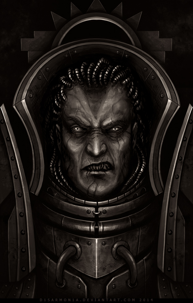 1boy angron armor armor_of_mars_(warhammer) bald black_background breastplate closed_mouth commentary dated deviantart_username english_commentary looking_at_viewer male_focus monochrome pauldrons portrait power_armor primarch scar scar_on_face sharp_teeth shoulder_armor simple_background solo straight-on teeth veronica_anrathi warhammer_40k watermark web_address world_eaters