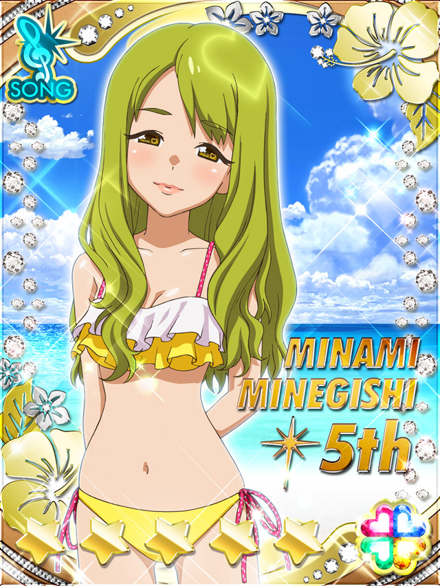 1girl akb0048 arms_behind_back asymmetrical_bangs beach bikini breasts card_(medium) character_name closed_mouth cloud cowboy_shot frilled_bikini frills green_eyes green_hair heart long_hair looking_at_viewer minamino_mikako navel non-web_source ocean official_art outdoors side-tie_bikini_bottom sky smile solo sparkle standing star_(symbol) swimsuit yellow_bikini