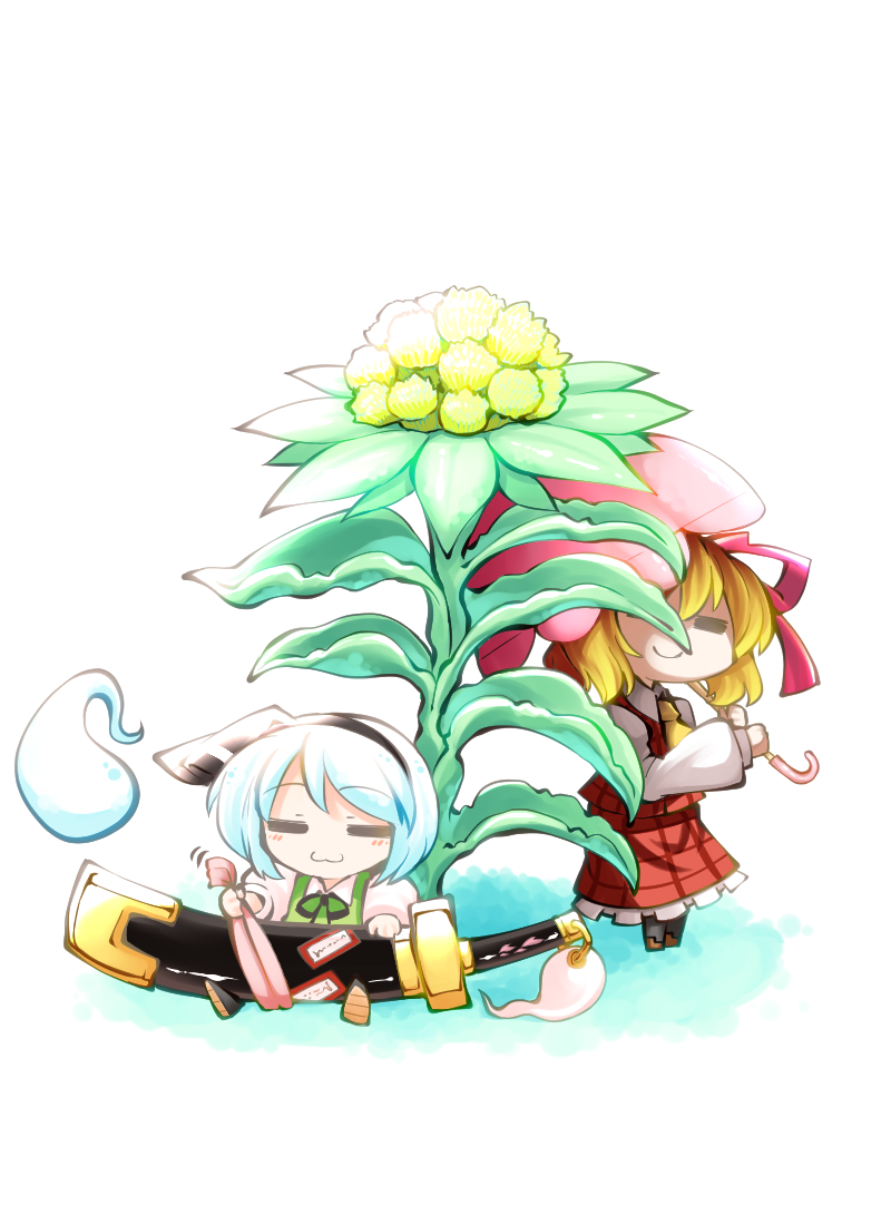 2girls :3 =_= alternate_hairstyle ascot blonde_hair cosplay flower green_hair green_vest hair_ribbon hairband hitodama kashuu_(b-q) kazami_yuuka kazami_yuuka_(cosplay) konpaku_youmu konpaku_youmu_(ghost) medicine_melancholy multiple_girls parasol plaid_clothes plaid_skirt plaid_vest ribbon scabbard sheath short_hair simple_background skirt skirt_set smile sword touhou umbrella vest weapon white_background white_hair