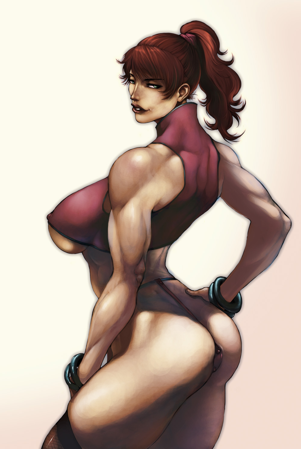 1girl bangle bare_shoulders blue_eyes bracelet breasts covered_erect_nipples crop_top female_focus fishnet_thighhighs fishnets g-string gradient_background halterneck hand_on_own_hip highres jewelry killer_instinct kim_wu large_breasts lips lipstick long_hair makeup muscular muscular_female nose over-kneehighs panties ponytail rareware rennes skindentation solo thick_thighs thighhighs thighs thong underboob underwear