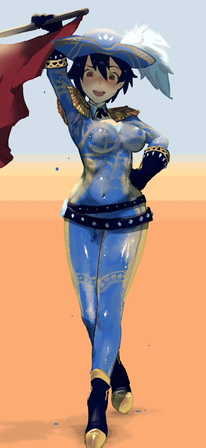1girl 2equal8 armpits belt black_belt black_boots black_gloves black_hair blue_hat blush bodypaint boots breasts brown_eyes commentary detached_collar epaulettes feathers flashing full_body gloves gradient_background hair_between_eyes hand_on_own_hip hat hat_feather highres holding looking_at_viewer matador medium_breasts megido72 muleta navel nipples nose_blush nude orange_background paint_splatter painted_clothes public_indecency pussy_juice pussy_juice_drip raised_eyebrow short_hair solo sweat sweatdrop tomboy very_short_hair walking white_background white_feathers zagan_(megido72)
