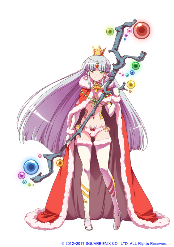 1girl blunt_bangs blunt_ends bravely_default:_praying_brage bravely_default_(series) cloak closed_mouth commentary_request copyright_notice crown full_body fur-trimmed_cloak fur-trimmed_gloves fur-trimmed_thighhighs fur_trim gloves gold_crown green_eyes grey_hair holding holding_staff long_hair looking_at_viewer lunamoon midriff navel official_art panties pink_panties red_cloak sasshe_aneige shoes simple_background smile solo staff standing thighhighs underwear white_background white_gloves white_shoes white_thighhighs