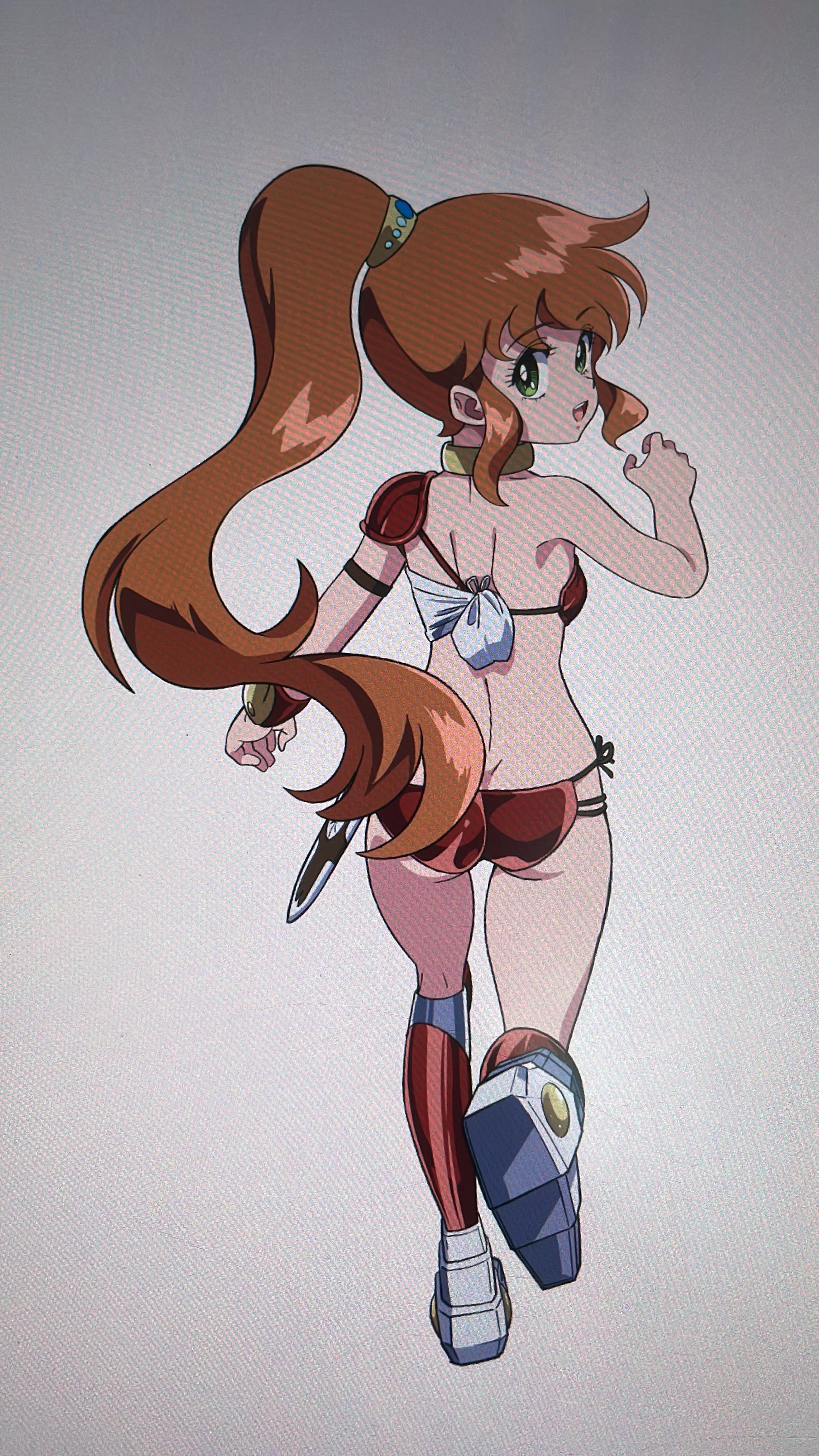 1girl absurdres armor ass bikini bikini_armor boots breasts brown_hair butt_crack caron_(rall) cream_lemon from_behind green_eyes highres kabashima_yousuke knee_boots long_hair looking_back open_mouth ponytail red_bikini red_boots sf_choujigen_densetsu_rall side-tie_bikini_bottom small_breasts smile solo swimsuit thighs