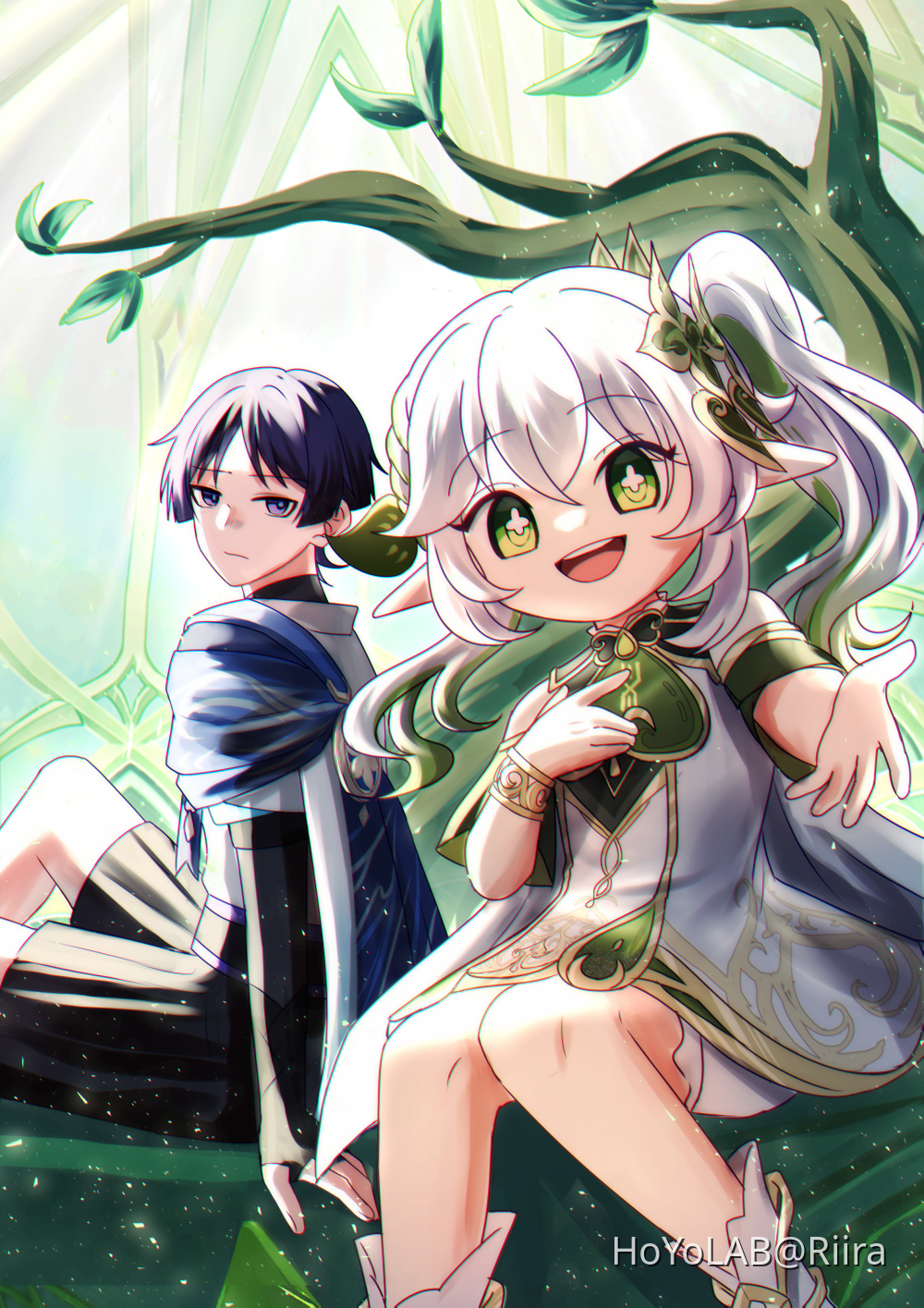 1boy 1girl anklet arm_at_side armlet black_bodysuit black_bridal_gauntlets black_shorts bloomers blue_cape blunt_ends bodysuit bracelet bridal_gauntlets cape closed_mouth detached_sleeves dome dress fingernails genshin_impact gold gold_trim green_eyes green_hair hair_ornament hakama hakama_shorts hand_on_own_chest highres hoyolab_username japanese_clothes jewelry kimono knees_together_feet_apart leaf leaf_hair_ornament long_hair looking_at_viewer multicolored_hair nahida_(genshin_impact) open_hand open_mouth pleated_shorts pointy_ears purple_eyes purple_hair rixira_(234416714) scaramouche_(genshin_impact) shorts side_ponytail sidelocks sitting streaked_hair teeth tongue tree underwear upper_teeth_only wanderer_(genshin_impact) white_bloomers white_dress white_footwear white_hair white_kimono white_trim