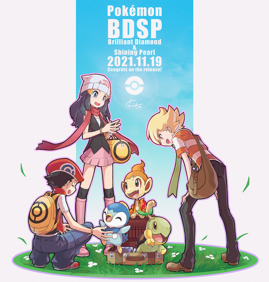 1girl 2boys arms_up backpack bag barry_(pokemon) beanie black_hair black_pants black_shoes black_socks black_vest blonde_hair blue_eyes blue_hair blue_pants boots bracelet briefcase brown_bag brown_eyes chimchar closed_eyes colored_sclera copyright_name creatures_(company) dated dawn_(pokemon) denim fangs fire from_behind game_freak gen_4_pokemon grass green_scarf hands_on_own_legs hat jeans jewelry kitakaze_tomohiro kneehighs leaf long_hair lucas_(pokemon) multiple_boys nintendo official_art open_mouth outline own_hands_together pants pink_boots pink_outline pink_skirt piplup poke_ball_symbol pokemon pokemon_(creature) pokemon_bdsp red_hat red_scarf red_shoes scarf shirt shoes short_hair short_sleeves sidelocks signature skirt socks squatting starter_pokemon_trio striped_clothes striped_shirt third-party_source turtwig uroboros_the_eternal vest white_hat white_shirt yellow_bag yellow_sclera