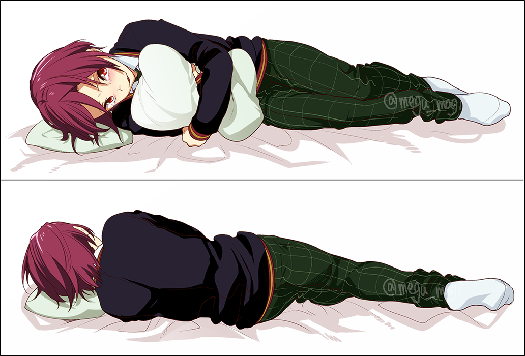 10s 1boy aged_down black_border blush border child crying crying_with_eyes_open dakimakura_(medium) free! hugging_object looking_at_viewer male_focus matsuoka_rin megumi-square multiple_views pants parted_lips pillow pillow_hug plaid_clothes plaid_pants red_eyes red_hair sharp_teeth tearing_up tears teeth twitter_username