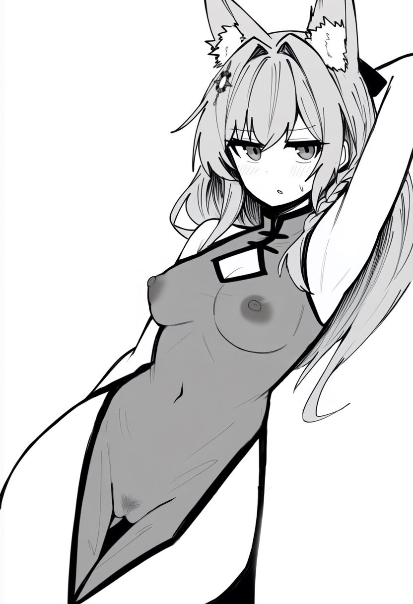 1girl alternate_costume animal_ear_fluff animal_ears arknights arm_behind_back arm_behind_head arm_up armpits breasts china_dress chinese_clothes cleavage cleavage_cutout clothing_cutout commentary_request cowboy_shot dress female_pubic_hair greyscale groin hair_intakes highres light_blush long_hair looking_at_viewer makigirisu medium_breasts monochrome navel nipples parted_lips pelvic_curtain pozyomka_(arknights) pubic_hair pussy see-through_clothes see-through_dress side_slit simple_background sleeveless sleeveless_dress solo standing sweatdrop white_background