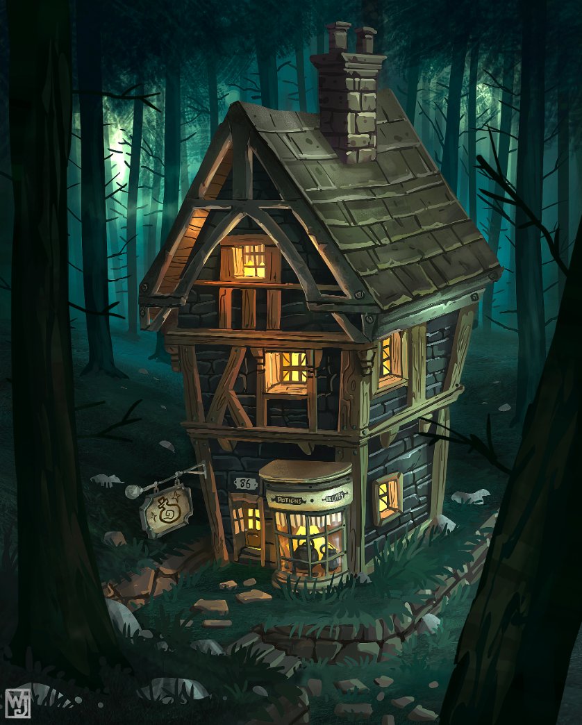 architecture artist_logo building chimney commentary english_commentary fantasy fog foliage forest grass logo nature no_humans original outdoors path plant potion road rooftop scenery sign stairs stone_walkway teapot tree waltjan window