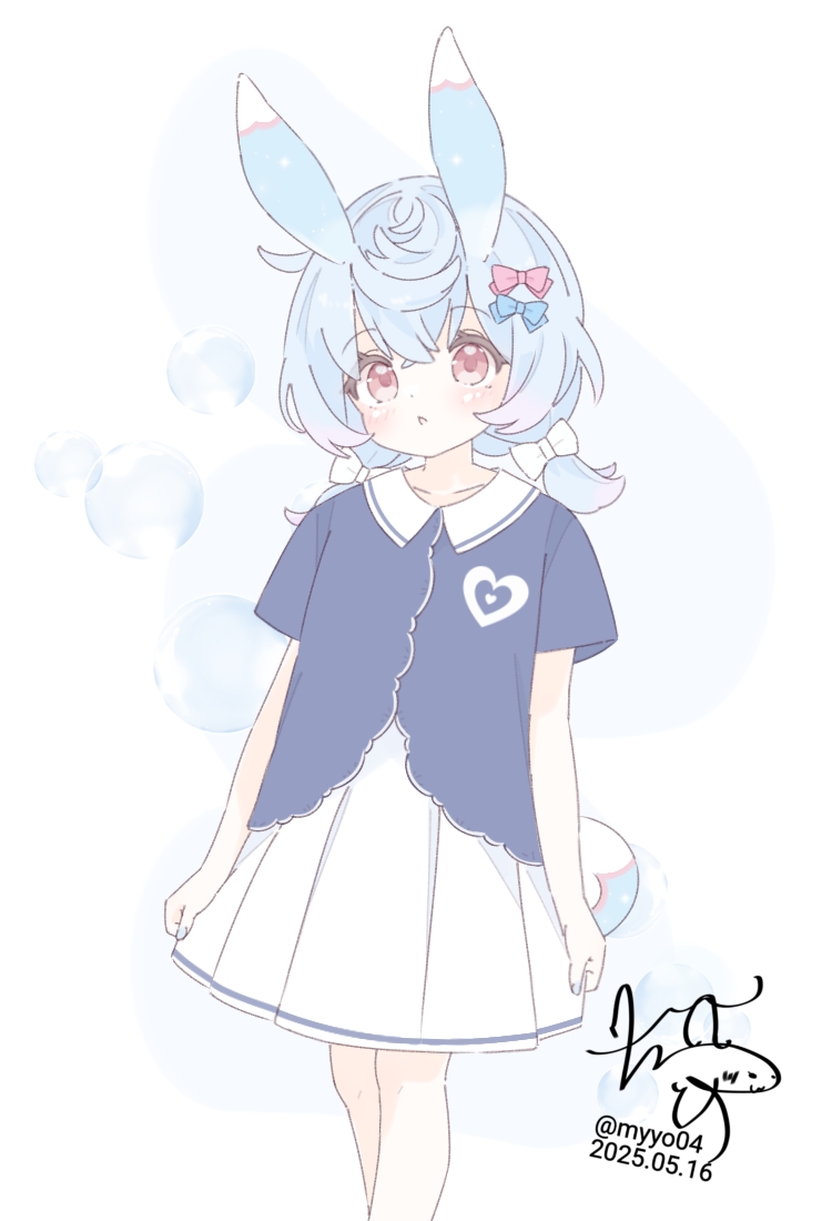 1girl animal_ears blue_bow blue_hair blue_shirt bow chame_(myyo04) cowboy_shot dated dot_nose genshin_impact hair_bow heart heart_print medium_hair parted_lips pink_bow red_eyes shirt short_sleeves sigewinne_(genshin_impact) signature simple_background skirt soap_bubbles solo t-shirt twintails white_background white_skirt