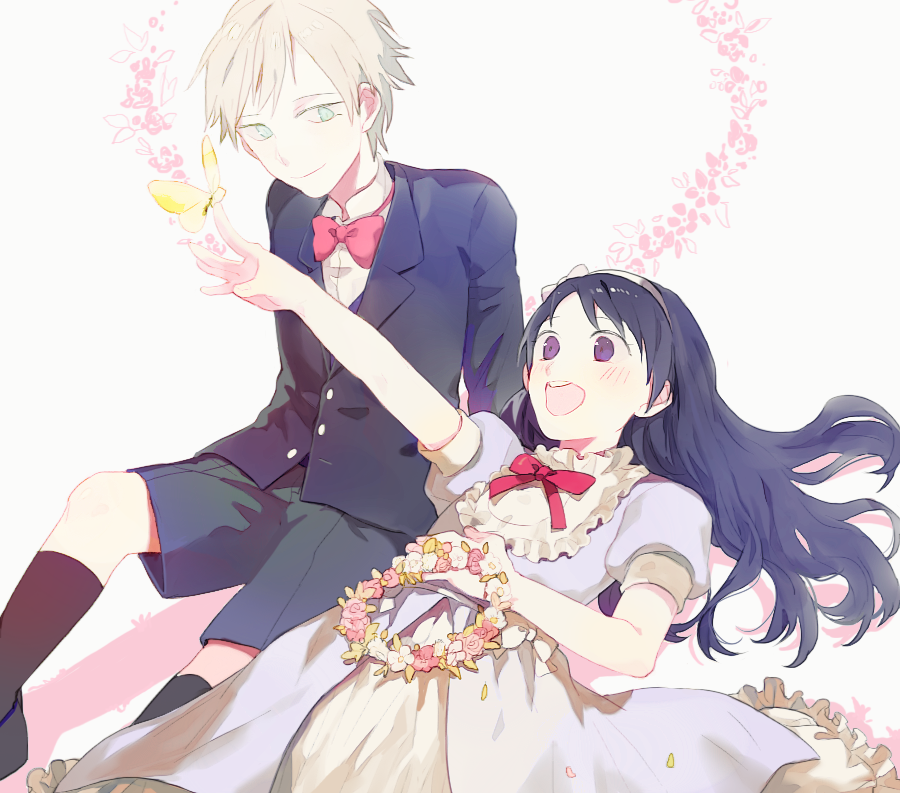 1boy 1girl blonde_hair bug butterfly chloe_ardenne chloe_no_requiem dress flower green_eyes bug long_hair michel_d&#039;alembert purple_eyes purple_hair short_hair smile sssen wreath