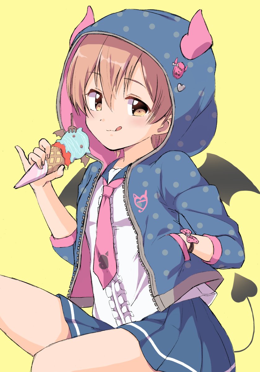 1girl :q blue_jacket blue_skirt closed_mouth commentary_request demon_horns demon_tail demon_wings food hand_in_pocket highres holding holding_food holding_ice_cream_cone hood hood_up hooded_jacket horned_hood horns hoshizora_rin ice_cream_cone jacket long_sleeves looking_at_viewer love_live! love_live!_school_idol_festival love_live!_school_idol_project necktie open_clothes open_jacket orange_hair pink_necktie pleated_skirt sen_(sen0910) short_hair simple_background sitting skirt solo tail tongue tongue_out wings yellow_background yellow_eyes