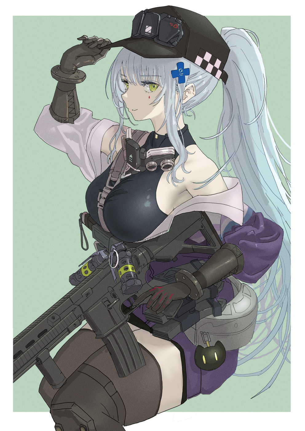 1girl adjusting_clothes adjusting_headwear arm_up assault_rifle baseball_cap between_breasts black_gloves black_hat black_thighhighs blue_hair breasts commentary_request cowboy_shot cross_hair_ornament flashbang girls&#039;_frontline girls&#039;_frontline_2:_exilium gloves green_background green_eyes gun h&amp;k_hk416 hair_ornament hat highres hk416_(girls&#039;_frontline) holding holding_gun holding_weapon invisible_chair klukai_(girls&#039;_frontline_2) long_hair looking_at_viewer monodrive off_shoulder outside_border ponytail rifle sidelocks sideways_glance simple_background sitting smile solo strap_between_breasts teardrop_facial_mark thighhighs trigger_discipline weapon