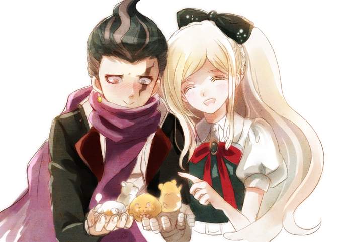 10s 1boy 1girl bandages black_hair blonde_hair blue_eyes blush bow braid cham-p chiko_(d04099) chuunibyou danganronpa_(series) dress french_braid gem hair_bow hamster heterochromia jacket jum-p long_hair maga-g open_mouth ponytail scar scarf scarf_over_mouth smile sonia_nevermind sun-d danganronpa_2:_goodbye_despair tanaka_gundham tanaka_gundam very_long_hair