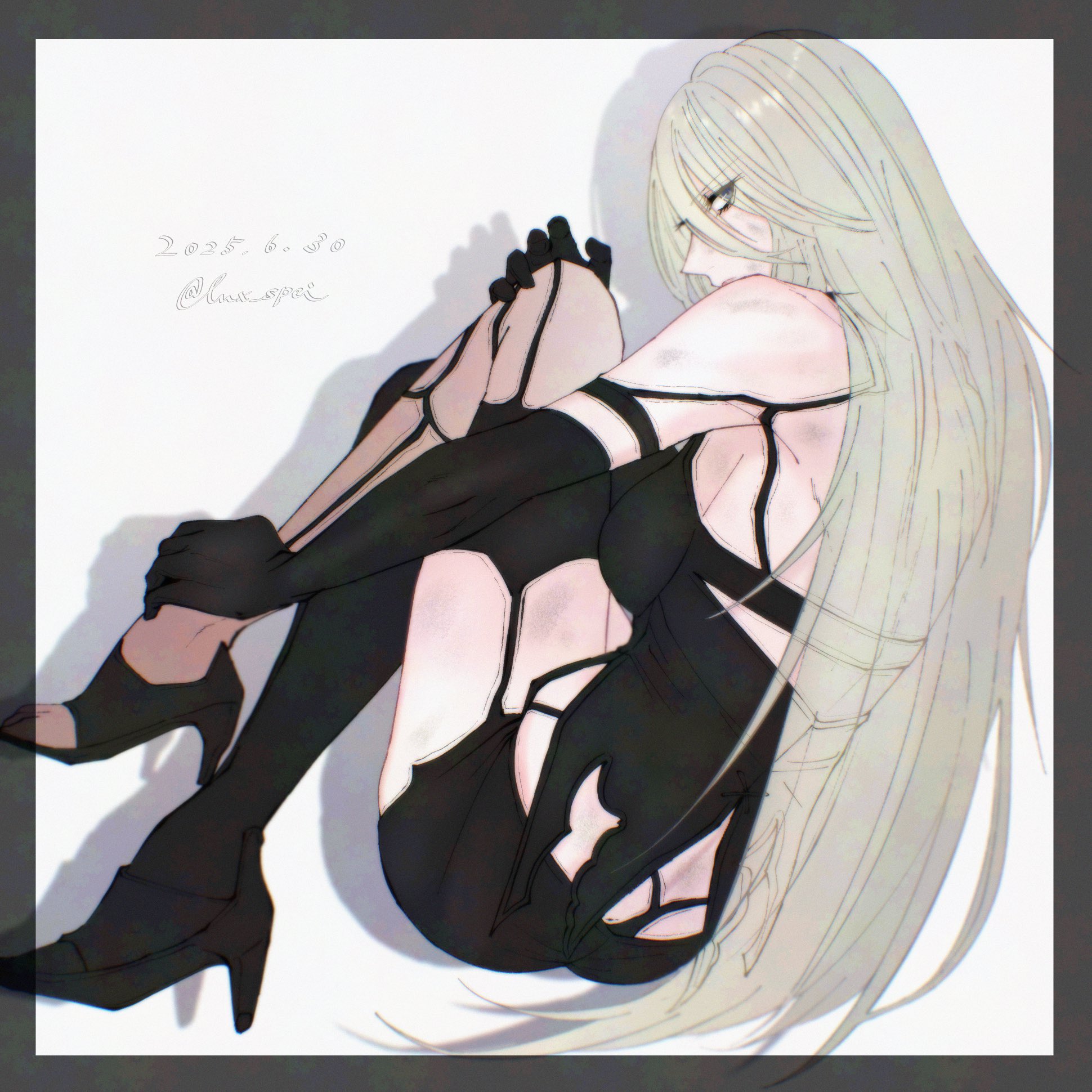 1girl a2_(nier:automata) android black_border border commentary dated grey_hair hair_between_eyes highres long_hair looking_at_viewer looking_back lux_spei nier:automata nier_(series) outside_border simple_background solo very_long_hair whale_tail_(clothing) white_background