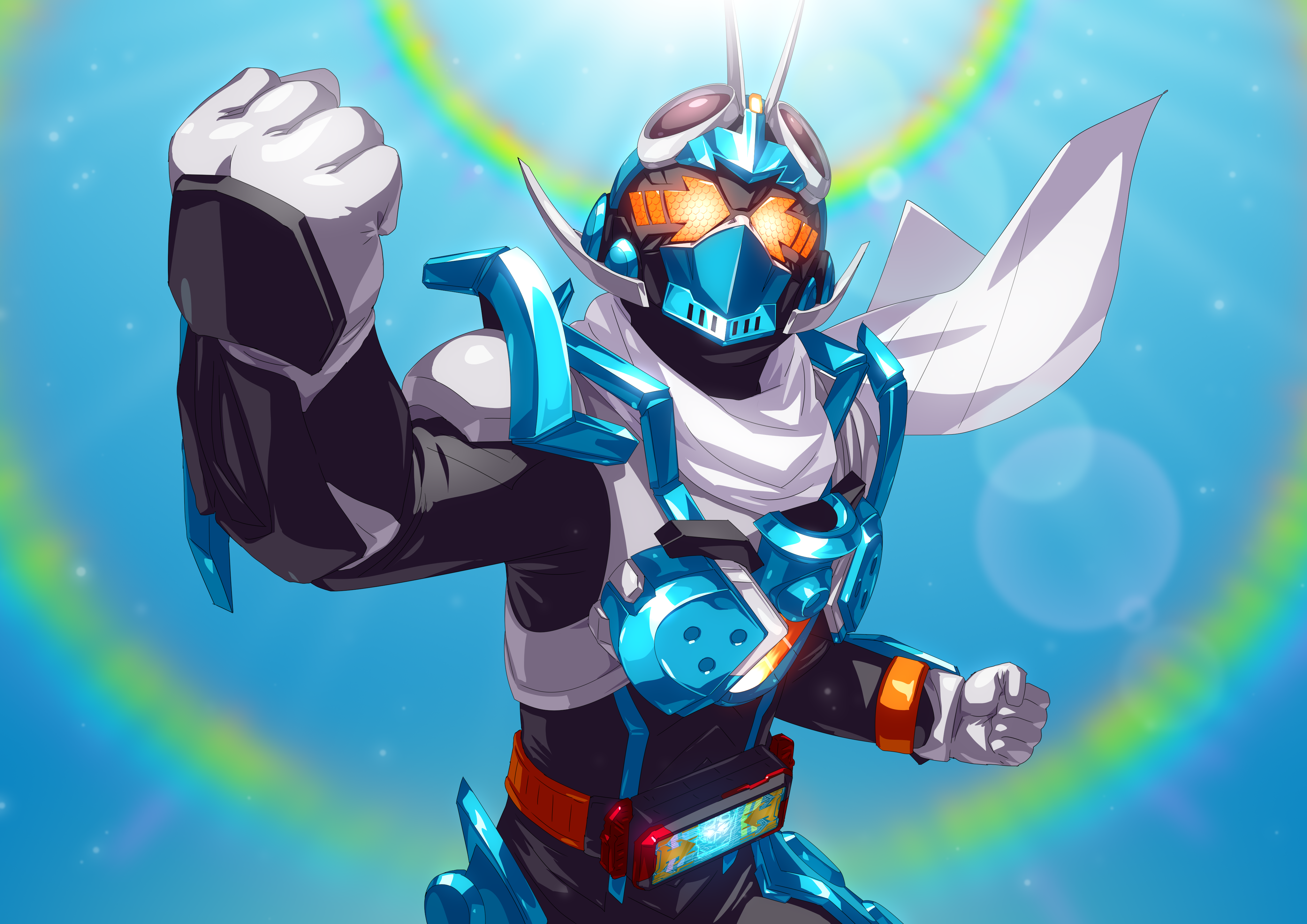 1boy absurdres armor black_bodysuit blue_armor blue_sky bodysuit commentary fire gloves glowing glowing_eyes goggles goggles_on_head gotcha_driver highres kamen_rider kamen_rider_gotchard kamen_rider_gotchard_(series) looking_at_viewer male_focus orange_eyes otokamu power_armor revision rider_belt scarf sky solo steam_hopper sunlight tokusatsu white_scarf yellow_eyes