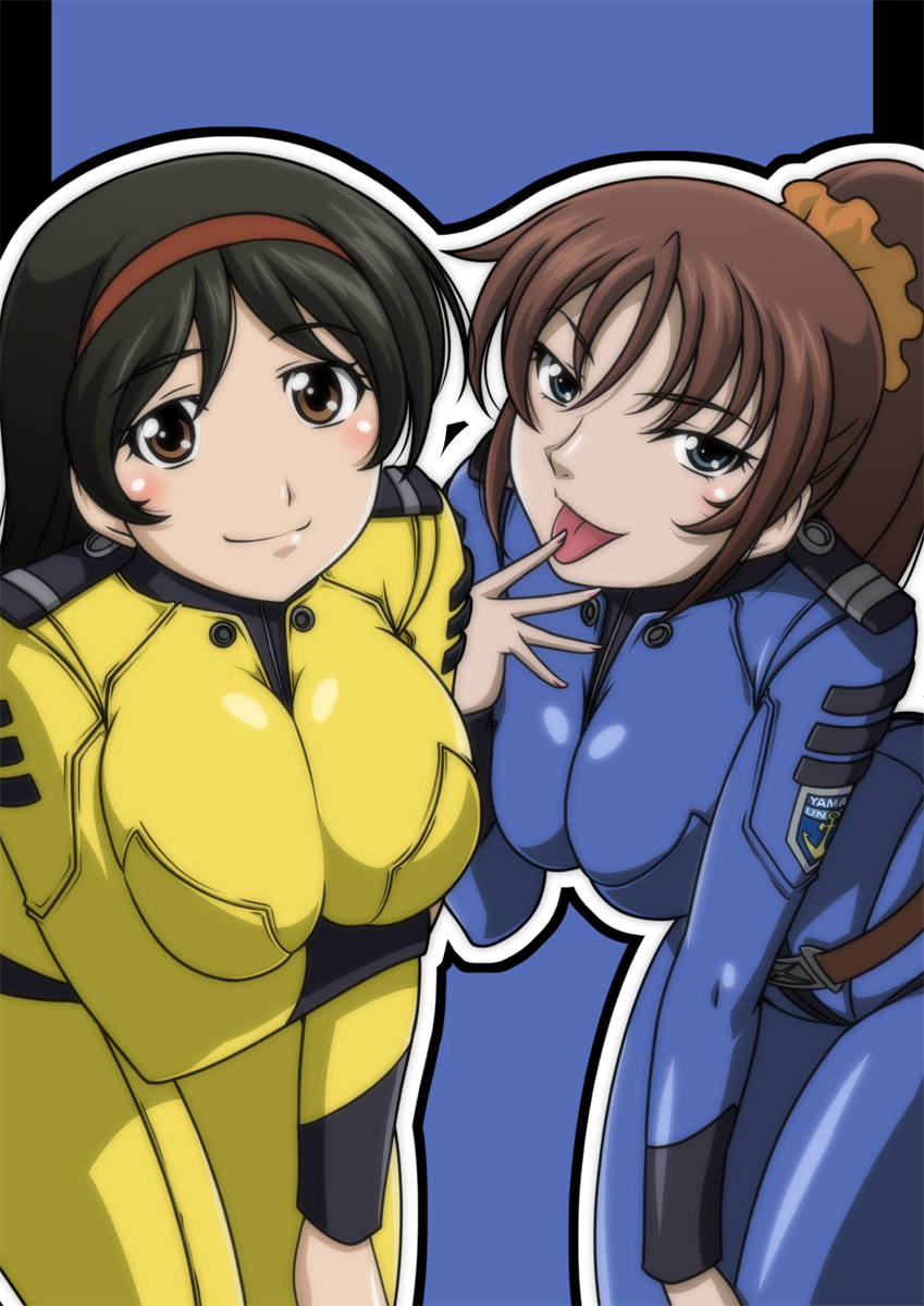 10s 2girls black_hair blue_bodysuit blue_eyes blush bodysuit breast_lift breasts breasts_squeezed_together brown_eyes brown_hair cleavage crest epaulettes hairband harada_shoutarou highres kiryuu_mikage large_breasts long_hair military military_uniform multiple_girls naughty_face ponytail saijou_miki scrunchie smile tongue tongue_out uchuu_senkan_yamato uchuu_senkan_yamato_2199