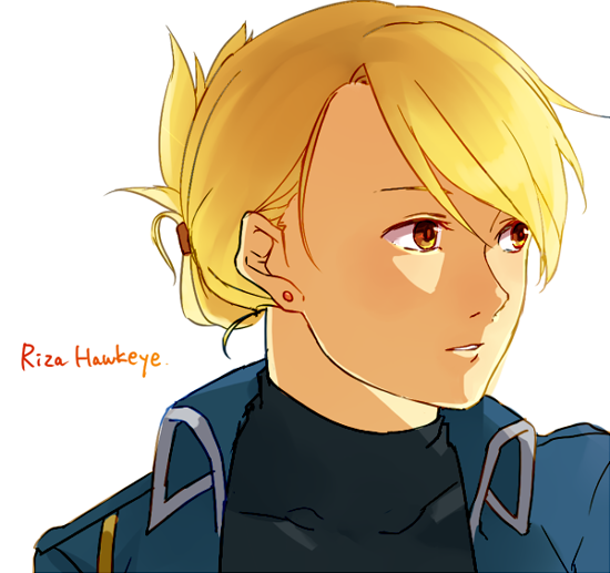 1girl blonde_hair blue_jacket brown_eyes character_name commentary_request earrings folded_ponytail fullmetal_alchemist ichita_kuuto jacket jewelry parted_lips portrait profile riza_hawkeye solo stud_earrings turtleneck
