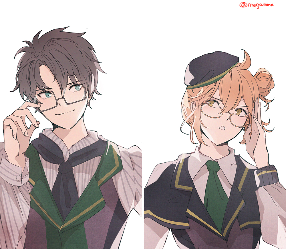 1boy 1girl adjusting_eyewear ahoge atlas_academy_uniform black-framed_eyewear black_hair blue_necktie capelet closed_mouth collared_shirt commentary cropped_arm fang fate/grand_order fate_(series) fujimaru_ritsuka_(female) fujimaru_ritsuka_(male) glasses green_eyes green_necktie grey_shirt hair_between_eyes hair_bun hand_up hat long_sleeves looking_at_another looking_to_the_side necktie open_mouth orange-framed_eyewear orange_hair parted_bangs purple_capelet purple_hat purple_vest school_uniform shino_(mufn5785) shirt short_hair simple_background single_hair_bun skin_fang smile striped_clothes striped_shirt twitter_username upper_body vertical-striped_clothes vertical-striped_shirt vest white_background white_shirt yellow_eyes