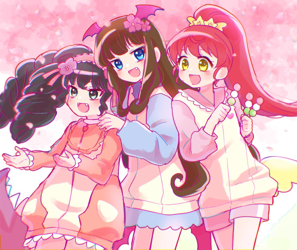 3girls black_eyes black_hair blue_eyes brown_hair cowboy_shot fangs food gaaruru_(pripara) high_ponytail holding holding_food jinno_(jin_c_kkry) kurosu_aroma long_hair looking_at_viewer multiple_girls open_mouth ponytail pretty_series pripara red_hair shiratama_mikan sidelocks yellow_eyes