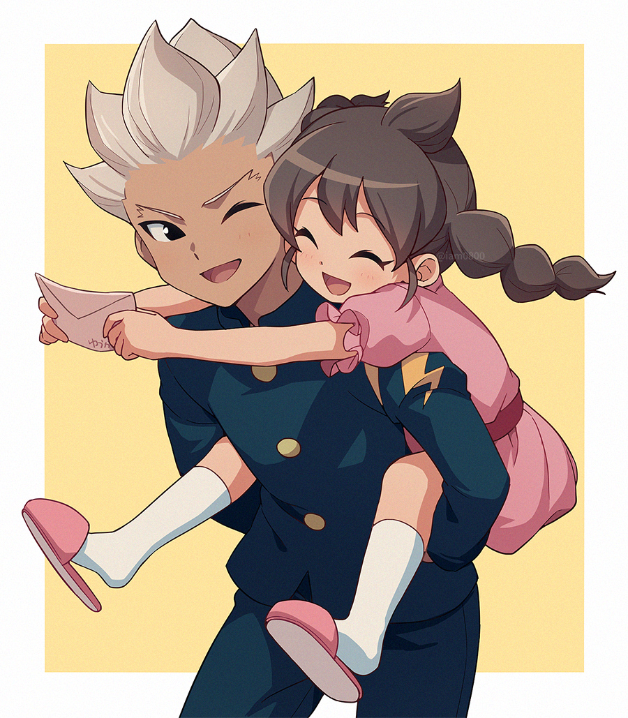 1boy 1girl :d ;d ^_^ arms_around_neck asada_hachi black_eyes blush border braid brother_and_sister brown_hair buttons carrying child closed_eyes commentary cowboy_shot dark-skinned_male dark_skin dress envelope gakuran gouenji_shuuya gouenji_yuuka green_gakuran green_pants happy holding holding_envelope inazuma_eleven inazuma_eleven_(series) light_brown_hair lightning_bolt_symbol long_hair looking_at_viewer one_eye_closed open_mouth outside_border pants piggyback pink_dress pink_footwear school_uniform shoe_dangle short_hair siblings simple_background smile socks spiked_hair standing twin_braids twitter_username watermark white_border white_legwear yellow_background