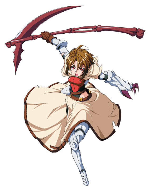1girl armor armored_dress belt black_hair boots brown_hair claws dress female_focus full_body gloves greaves hiro_(spectral_force) multicolored_hair official_art running scythe short_hair solo spectral_(series) spectral_force spectral_souls spectral_vs_generation two-tone_hair white_background white_dress