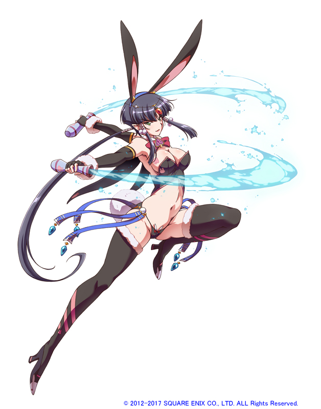 1girl animal_ears bare_shoulders black_gloves black_hair black_leotard black_panties black_shoes black_thighhighs blue_hairband blunt_bangs bow bowtie bravely_default:_praying_brage bravely_default_(series) breasts cleavage commentary_request copyright_notice dual_wielding elbow_gloves full_body fur-trimmed_gloves fur-trimmed_thighhighs fur_trim gloves green_eyes hairband high_heels hisame_aneige holding holding_weapon large_breasts leg_up leotard looking_at_viewer lunamoon official_art open_mouth outstretched_leg panties rabbit_ears rabbit_girl rabbit_tail red_bow red_bowtie shoes short_hair sidelocks simple_background solo strapless strapless_leotard tail thighhighs underwear weapon white_background