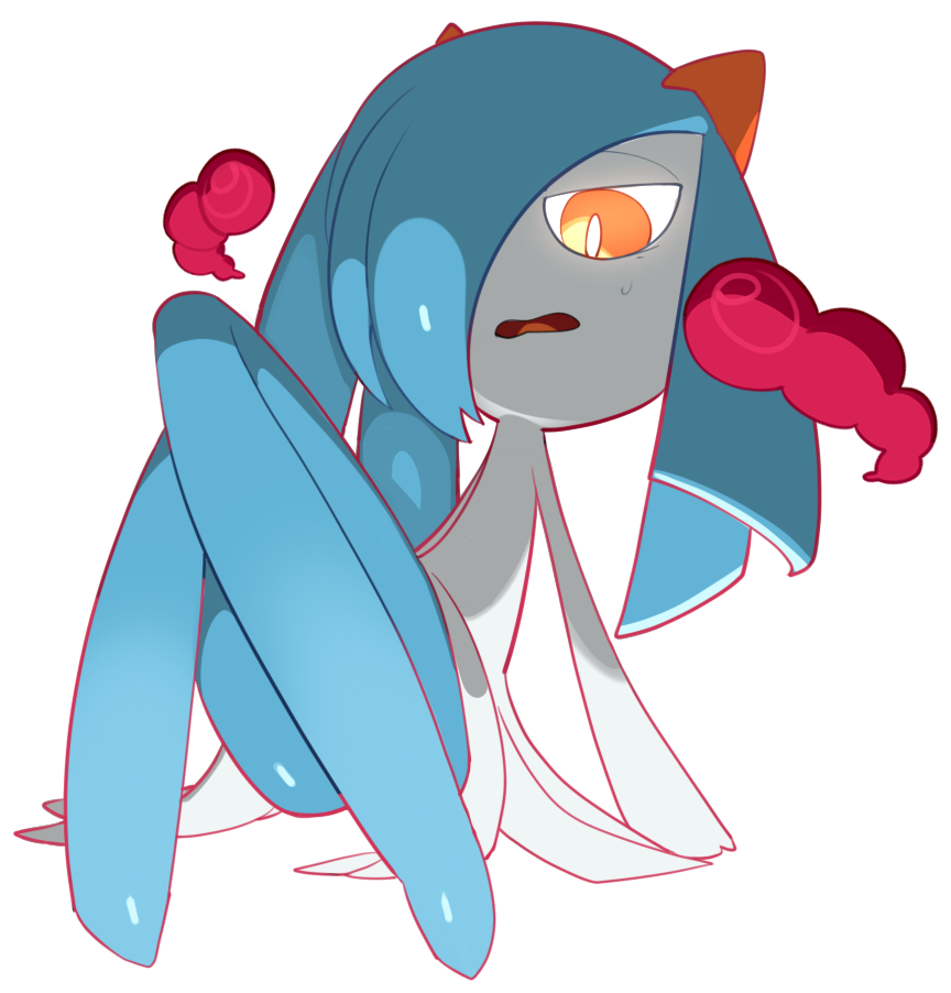 1girl bright_pupils full_body gen_3_pokemon gigantamax_(other) hair_over_one_eye kirlia knees_up looking_at_viewer nintendo no_feet open_mouth orange_eyes pokemon pokemon_(creature) short_hair sido_(slipknot) simple_background solo white_background white_pupils