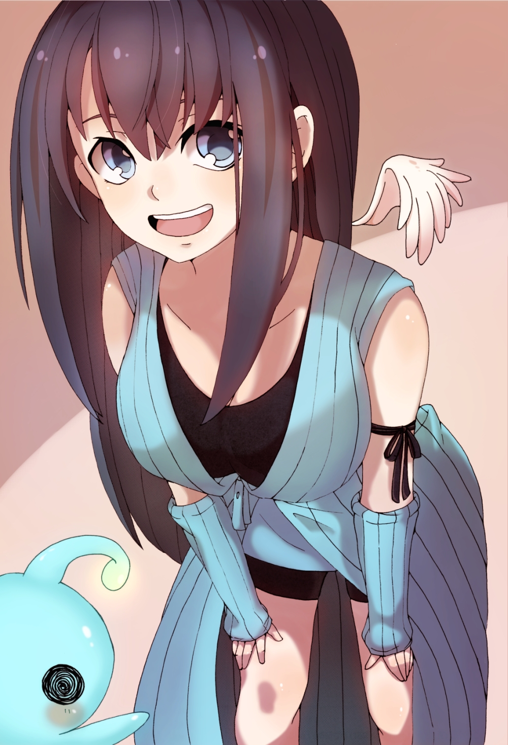 1990s_(style) 1girl :d alien arm_warmers blue_eyes breasts brown_hair final_fantasy final_fantasy_viii highres long_hair looking_at_viewer noshira open_mouth pupu_(ff8) rinoa_heartilly smile teeth