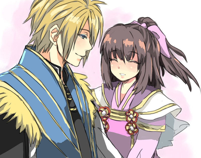 1boy 1girl azai_nagamasa azai_nagamasa_(sengoku_musou) blonde_hair blue_eyes blush brown_hair couple closed_eyes hetero oichi oichi_(sengoku_musou) peach_rock sengoku_musou sengoku_musou_2 short_hair smile