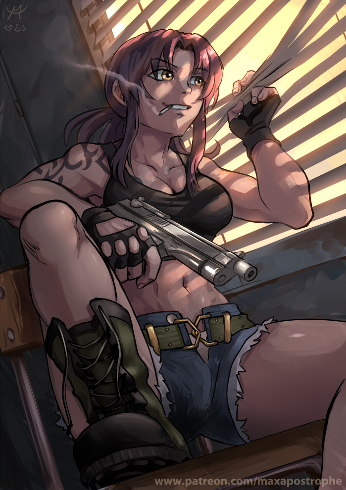 1girl 2023 arm_tattoo belt beretta_92 black_lagoon black_shirt boots breasts brown_eyes brown_hair chair cigarette commentary crop_top curtains denim denim_shorts english_commentary extended_barrel gun handgun large_breasts leather leather_boots maxa&#039; navel on_chair open_fly panties panty_peek patreon_username revy_(black_lagoon) rust shiny_skin shirt shorts sitting smoke smoking solo tattoo toned underwear untied_shoe weapon white_panties window window_blinds