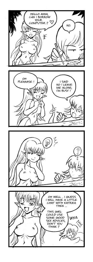 2girls 4koma anna_(karbo) comic felarya karbo lamia monster_girl multiple_girls nipples nude pointy_ears pussy vivian_(karbo)