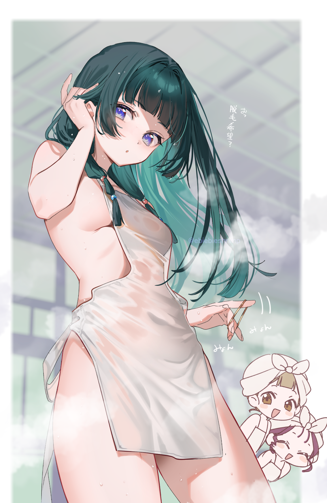 3girls adjusting_hair apron bathhouse blue_eyes breasts commentary_request green_hair hair_tie highres holding holding_hair_tie indoors kusuriya_no_hitorigoto long_hair maomao_(kusuriya_no_hitorigoto) multiple_girls naked_apron shisui_(kusuriya_no_hitorigoto) shuri_(84k) sideboob small_breasts solo_focus xiaolan_(kusuriya_no_hitorigoto)