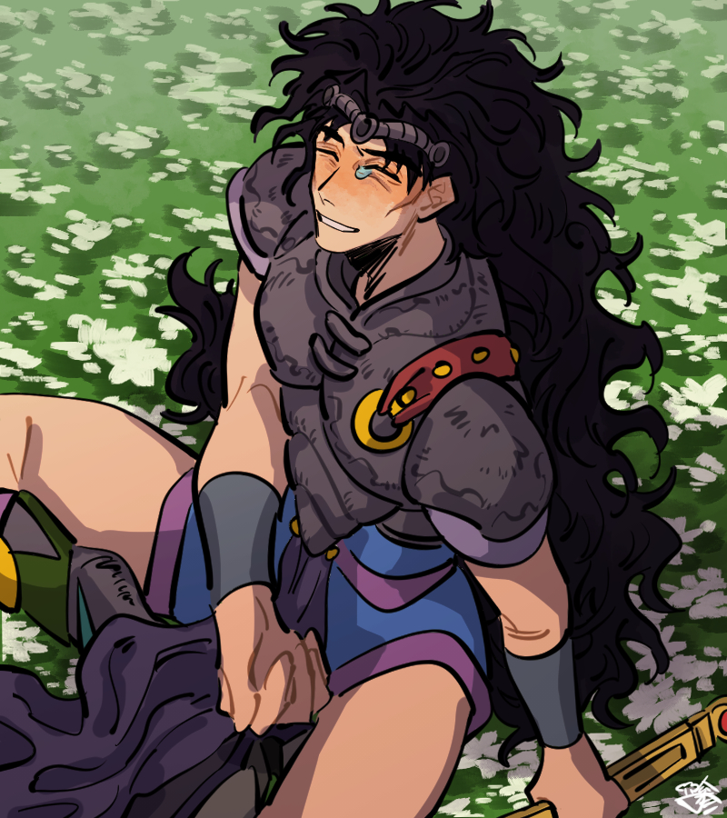 1boy armor black_hair boots bruford carota327 field flower flower_field headband jojo_no_kimyou_na_bouken loincloth long_hair messy_hair no_pants pelvic_curtain phantom_blood sitting solo tears very_long_hair