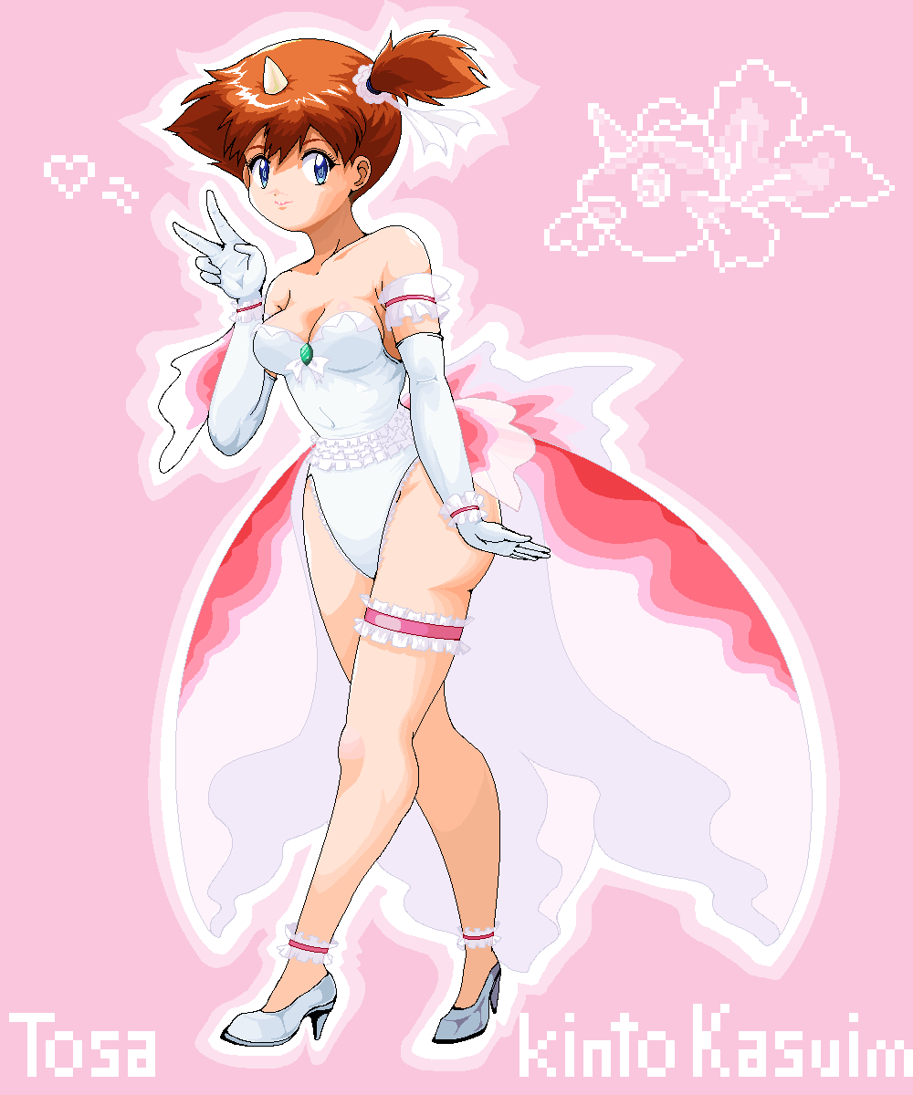 1girl arm_garter asymmetrical_hair bare_shoulders blue_eyes blush bow breasts brown_hair cleavage cosplay elbow_gloves frilled_thigh_strap frills gloves goldeen_(cosplay) high_heels highres horns jewelry legs leotard looking_at_viewer medium_breasts misty_(pokemon) nintendo orange_hair pokemon pokemon_(anime) pokemon_(classic_anime) pokemon_ep043 ponytail rf_(aruehu) shoes short_hair side_ponytail single_horn smile solo standing thigh_strap thighs v white_gloves white_leotard white_shoes