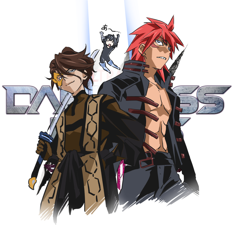 1girl 2boys alien arm_scarf black_jacket dark_zagi darkness_heels darkness_heels_lili formal_clothes grey_suit holding holding_sword holding_weapon jacket jashinen jugglus_juggler katana lili_(darkness_heels) mask_over_one_eye multiple_boys muscular official_art over_shoulder red_eyes red_hair sharp_teeth spiked_hair suit sword sword_over_shoulder teeth tsunashima_shirou ultra_series ultraman_nexus_(series) ultraman_orb_(series) ultraman_z_(series) weapon weapon_over_shoulder