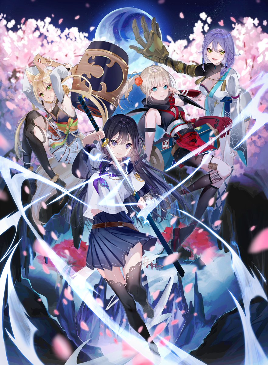 4girls animal_ears armor black_hair black_scarf blonde_hair blue_eyes cherry_blossoms fox_ears fox_girl fox_tail full_moon green_eyes hagane_(samurai_maiden) hammer highres holding holding_sword holding_weapon iyo_(samurai_maiden) japanese_armor japanese_clothes komimi_(samurai_maiden) kunai long_hair midriff_peek moon multiple_girls navel official_art purple_hair samurai_maiden scarf school_uniform serafuku suneate sword tail tamaori_tsumugi weapon yellow_eyes
