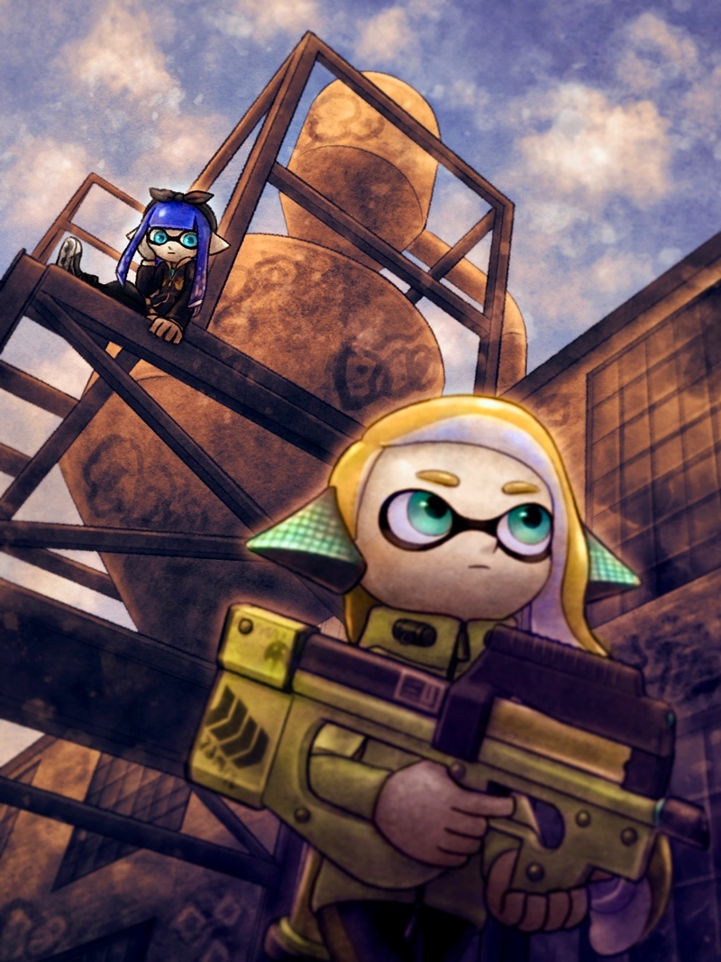 2girls agent_4_(splatoon) aqua_eyes bandana behind-the-head_headphones black_bandana black_jacket blonde_hair blue_eyes blunt_bangs blurry blurry_foreground closed_mouth commentary_request expressionless hand_on_own_cheek hand_on_own_face headphones hero_shot_(splatoon_2) holding holding_weapon ink_tank_(splatoon) inkling inkling_girl inkling_player_character jacket long_hair long_sleeves looking_at_viewer multiple_girls mustard_pudding nintendo outdoors pointy_ears purple_hair splatoon_(series) splatoon_2 tentacle_hair wavy_hair weapon yellow_jacket