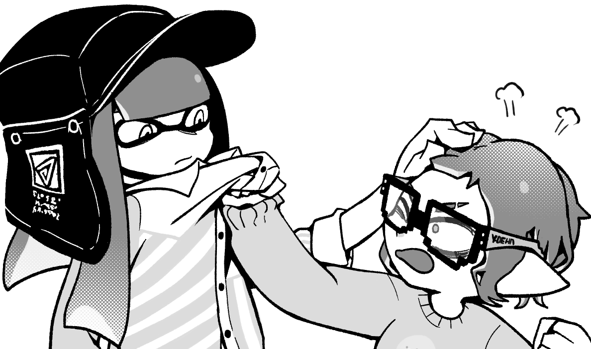 2girls angry aviator_cap chinese_commentary clenched_hand commentary_request glasses greyscale headpat inkling inkling_girl inkling_player_character looking_at_another monochrome multiple_girls nintendo one_eye_closed pulling_another&#039;s_clothes splatoon_(series) splatoon_3 sweater yunxd