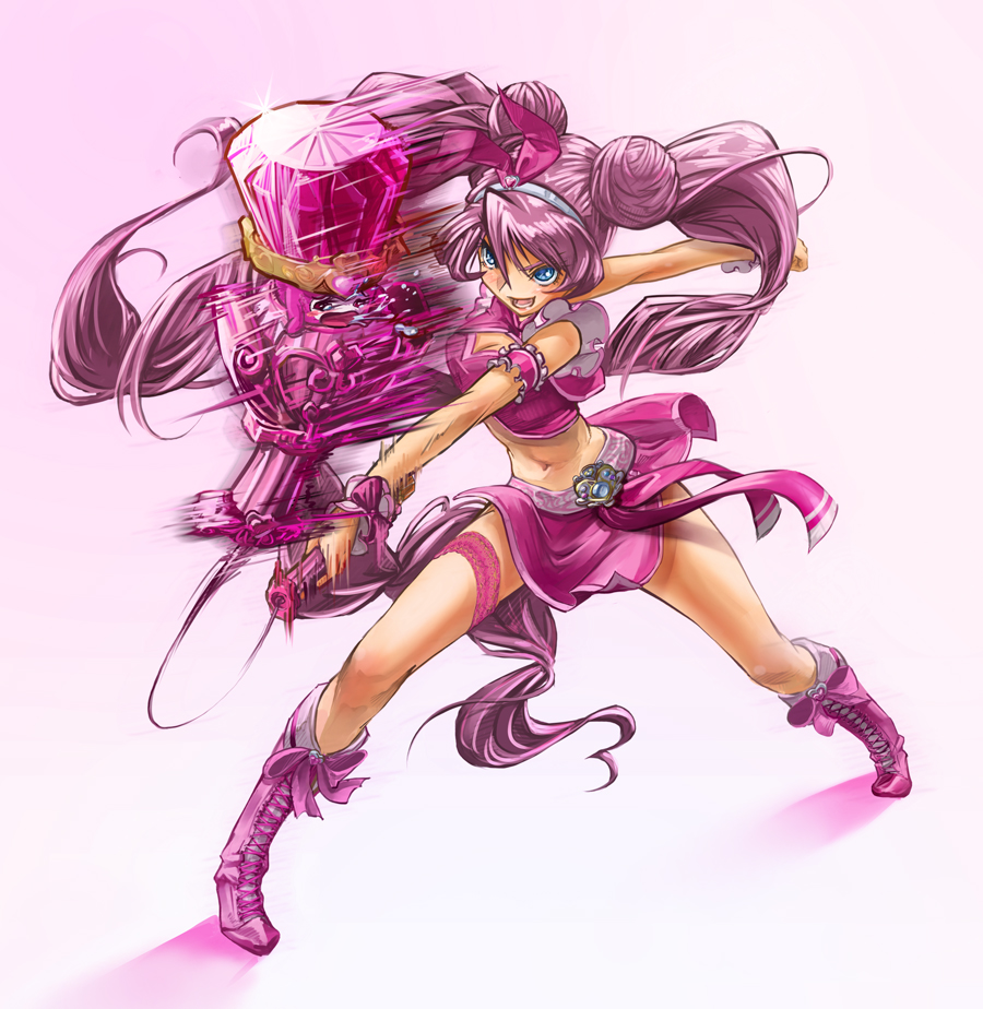 10s 1girl alternate_costume alternate_hairstyle blue_eyes boots bow cure_melody dory double_bun frilled_thigh_strap frills full_body goru_(cure_golgom) hair_bun hairband houjou_hibiki long_hair magical_girl midriff miniskirt nunchucks pink_boots pink_bow pink_hair pink_theme precure ribbon skirt smile suite_precure thigh_strap twintails wrist_cuffs