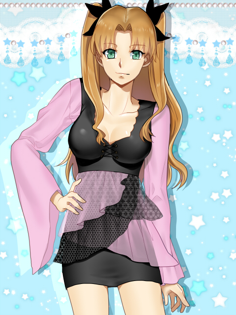 10s 1girl alternate_costume bad_id bad_pixiv_id blonde_hair bow breasts cleavage fate/extra fate_(series) female_focus green_eyes hair_bow long_hair mitsuki_mitsuno solo tohsaka_rin tohsaka_rin_(fate/extra) tohsaka_rin_(true_appearance)_(fate/extra) two_side_up