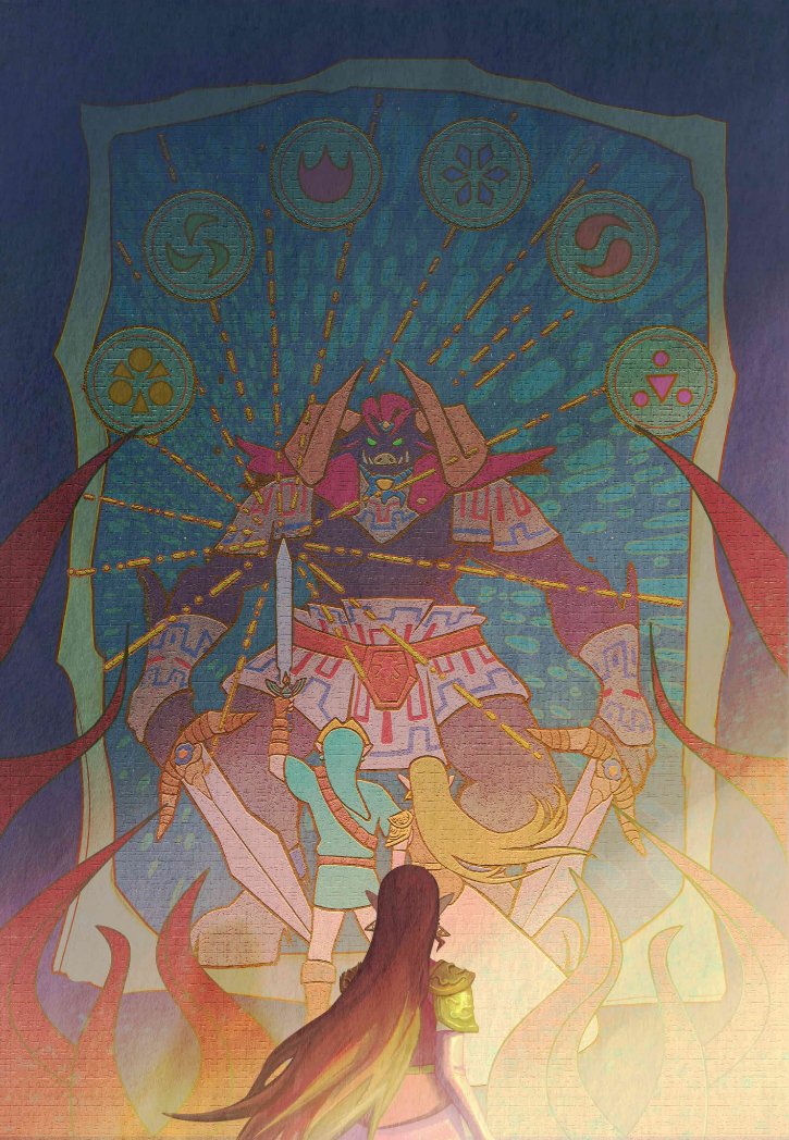 1girl ajiao_(lylc7zm8ca9ee8x) arm_up armor blonde_hair blue_background dress dual_wielding earrings fighting_stance fire from_behind ganon hat holding holding_sword holding_weapon indoors jewelry link long_hair master_sword monster mural nintendo pauldrons pointy_ears polearm princess_zelda red_hair shoulder_armor solo sword the_legend_of_zelda the_legend_of_zelda:_ocarina_of_time trident tunic upper_body weapon
