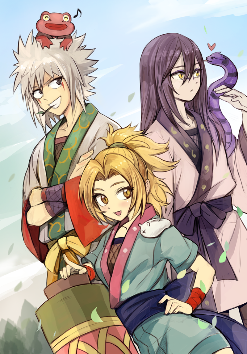 1girl 2boys aged_down black_hair blonde_hair blue_sky blush boring_(brtgm) crossed_arms dutch_angle eyeshadow facial_mark fishnets frog gamabunta hand_on_own_hip heart japanese_clothes jiraiya_(naruto) katsuyu leaf long_hair looking_at_viewer makeup manda_(naruto) multiple_boys musical_note naruto_(classic) naruto_(series) ninja orochimaru_(naruto) outdoors pale_skin ponytail scroll short_hair sky slug smile snake spiked_hair toad_(animal) tsunade_(naruto) white_hair wristband yellow_eyes