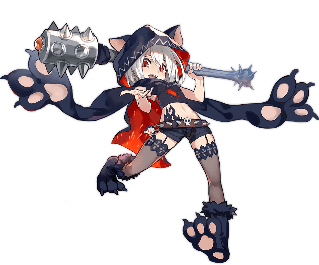 1girl animal_ears animal_hood ark_order belt black_cape black_scarf black_shirt black_shoes black_shorts cape cerberus_(ark_order) chain club_(weapon) cuffs dog_ears fake_animal_ears full_body fur-trimmed_shoes fur_trim garter_straps hades_(ark_order) holding holding_weapon hood hood_up hooded_cape kzhu looking_at_viewer official_art paw_shoes pawpads red_eyes scarf shirt shoes short_hair shorts skull solo spiked_belt stomach_tattoo tachi-e tattoo thighhighs transparent_background weapon white_hair wrist_cuffs