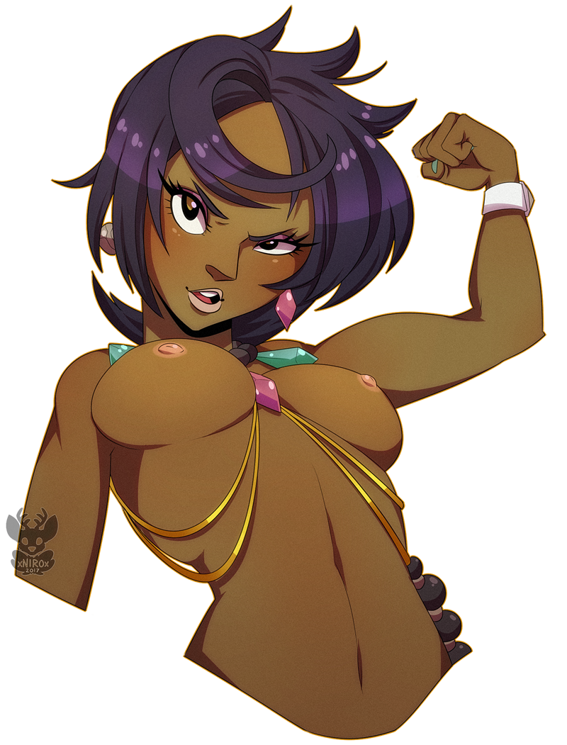 1girl 2017 arm_up artist_logo artist_name bead_necklace beads black_eyes blush bracelet breasts clenched_hand cropped_arms cropped_torso dark-skinned_female dark_skin dated earrings elite_four eyelashes eyeliner female_focus fingernails half-closed_eye island_kahuna jewelry lips lipstick logo looking_at_viewer makeup medium_breasts nail_polish navel neck_ring necklace nintendo nipples nude olivia_(pokemon) open_mouth pink_lips pokemon pokemon_sm purple_hair short_hair simple_background smile solo stomach teeth transparent_background uneven_eyes upper_body upper_teeth_only watermark white_background xnirox