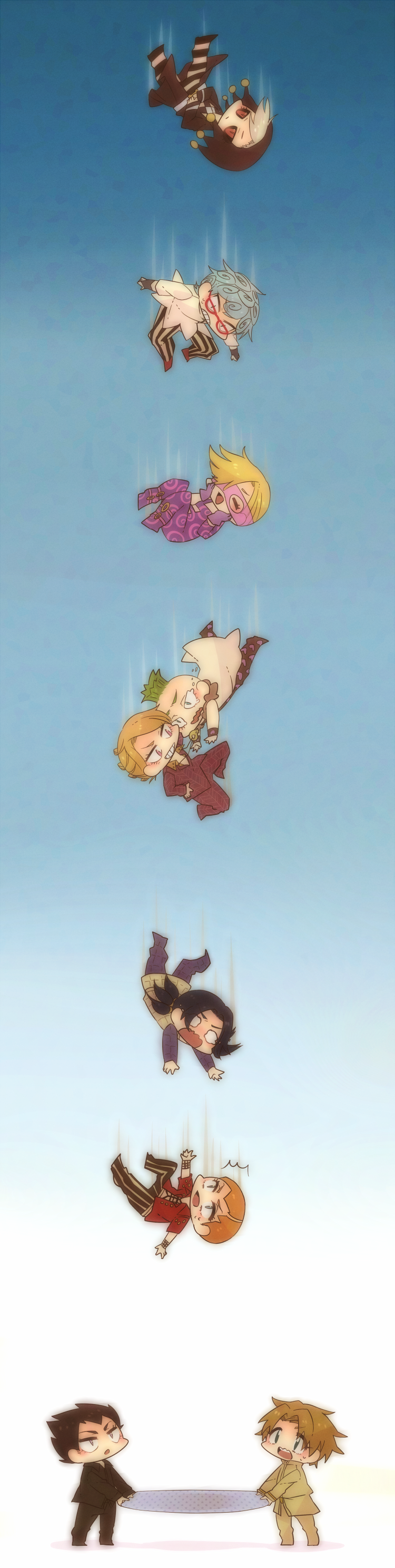 6+boys absurdres bad_id bad_pixiv_id chibi falling formaggio gelato_(jojo) ghiaccio highres illuso jojo_no_kimyou_na_bouken kei_zou long_image male_focus melone multiple_boys pesci prosciutto risotto_nero sorbet_(jojo) tall_image trampoline vento_aureo