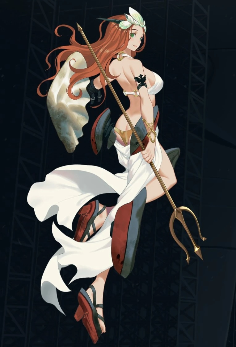 1girl artist_request ass butt_crack character_request copyright_request looking_at_viewer looking_back official_art polearm smile tagme trident weapon