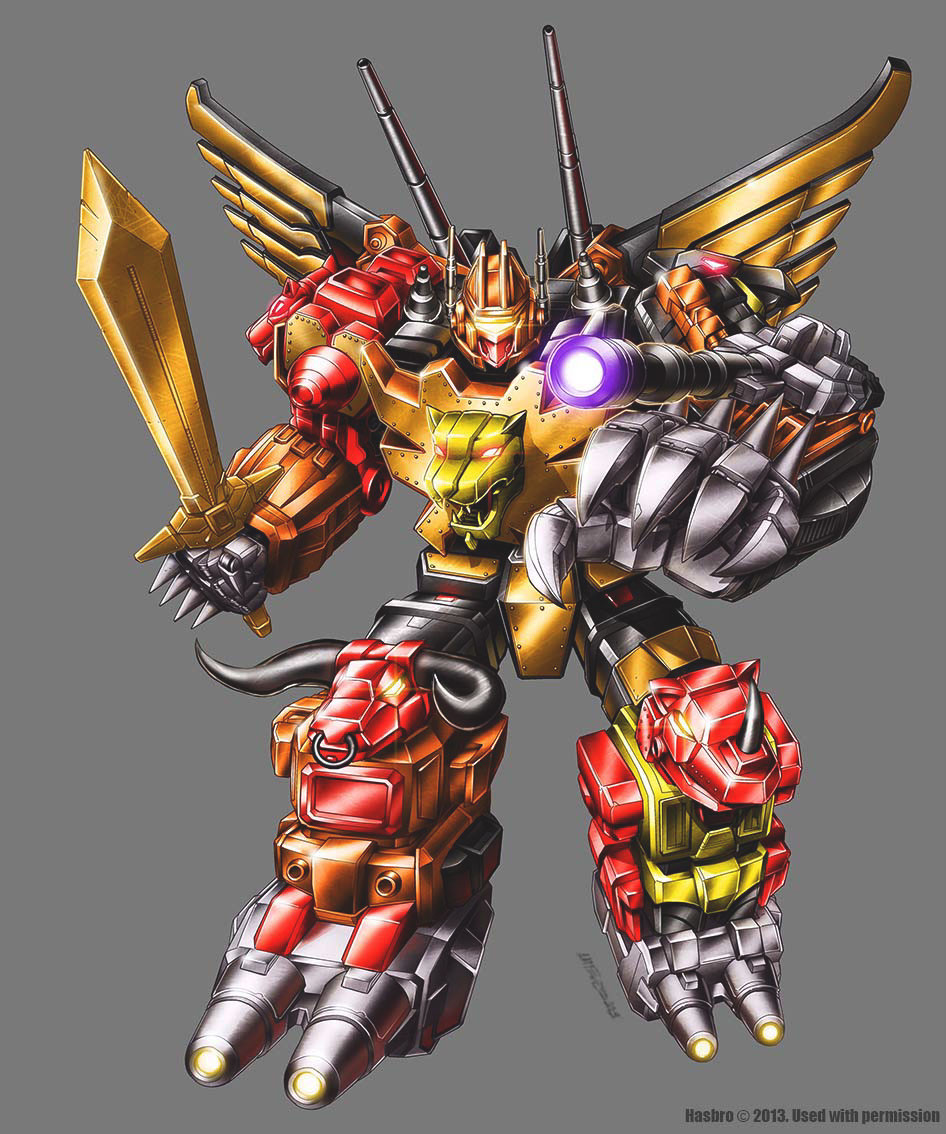 arm_cannon commentary decepticon english_commentary glowing grey_background holding holding_sword holding_weapon looking_at_viewer marcelo_matere mecha no_humans official_art predaking_(transformers) robot shoulder_cannon solo sword transformers visor weapon