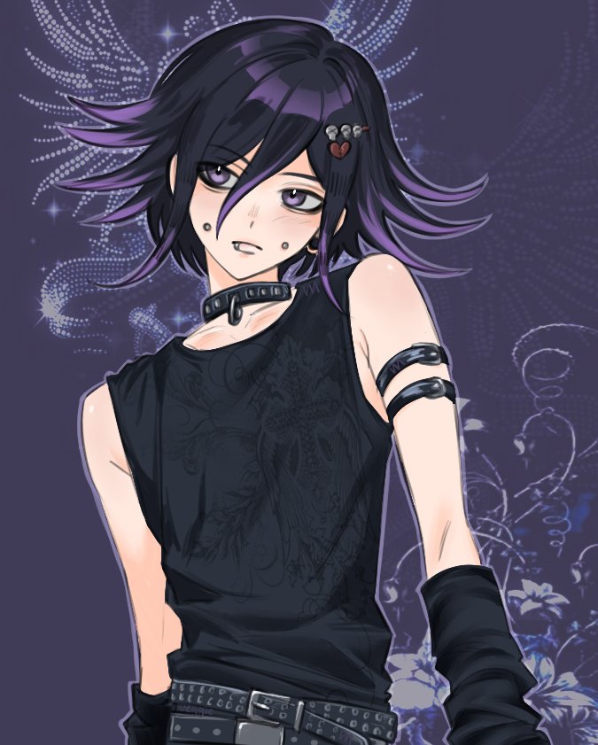bare_shoulders belt black_belt black_collar black_shirt closed_mouth collar collarbone danganronpa_(series) danganronpa_v3:_killing_harmony flipped_hair frown hair_between_eyes hair_ornament heart heart_hair_ornament male_focus multicolored_hair oma_kokichi shirt short_hair two-tone_hair veggiemist