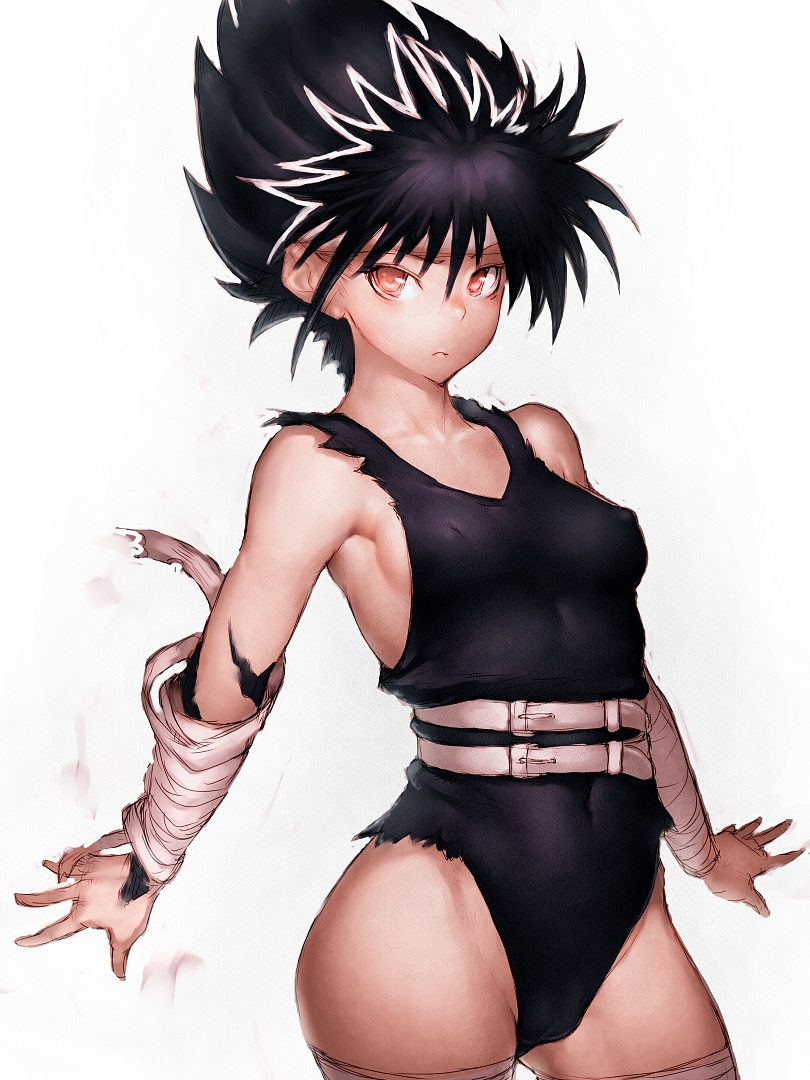 1girl adapted_costume bandaged_arm bandaged_leg bandages bare_shoulders belt black_hair breasts burn_scar cameltoe covered_erect_nipples covered_navel female_focus from_side fumio_(rsqkr) genderswap genderswap_(mtf) groin hair_between_eyes hiei leotard looking_at_viewer multiple_belts no_bra red_eyes scar serious short_hair sideboob simple_background sketch small_breasts solo spiked_hair tank_top thighs torn_clothes white_background yuu_yuu_hakusho